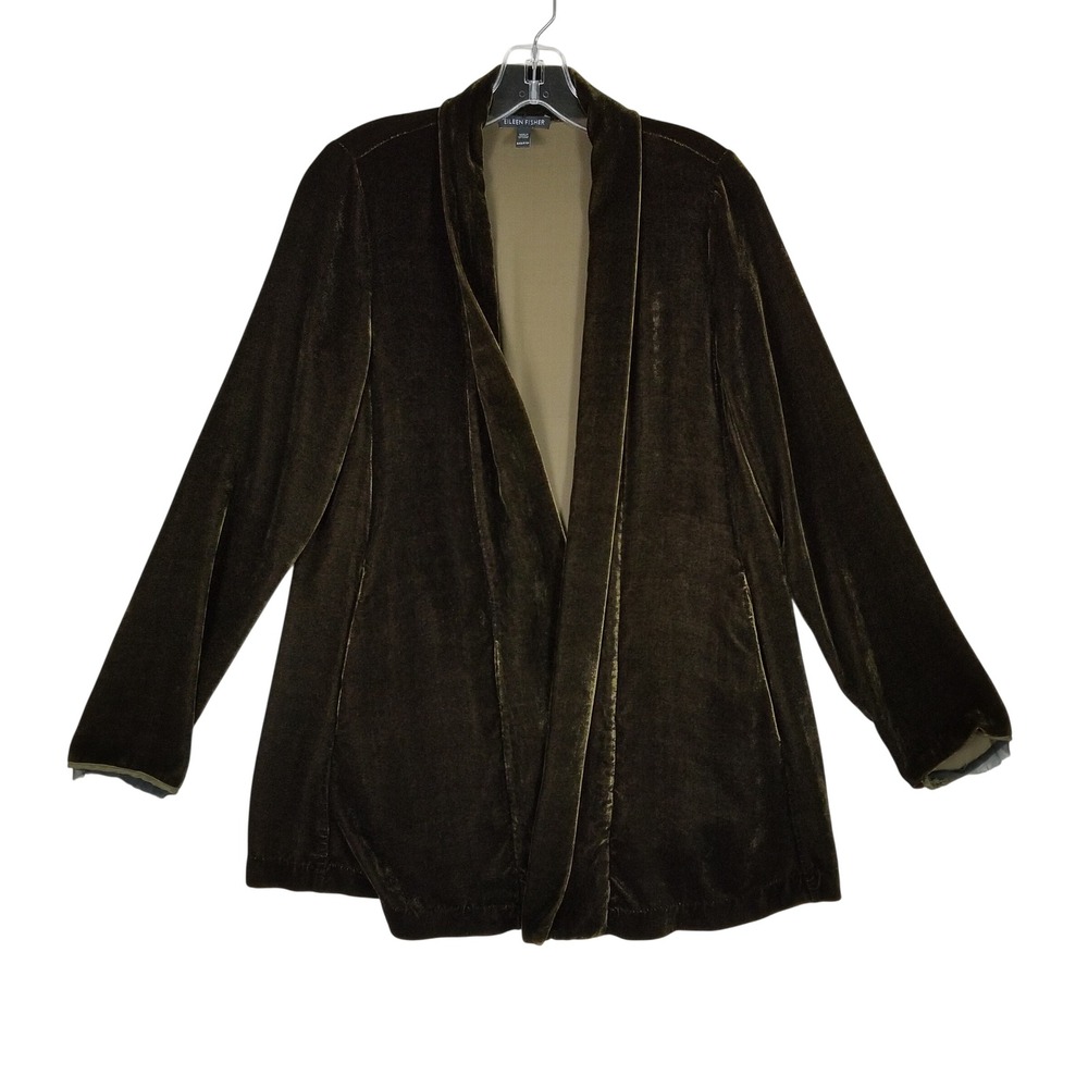 Eileen Fisher Velvet Open Jacket Women XXS Olive Green Silk Blend Shawl Collar